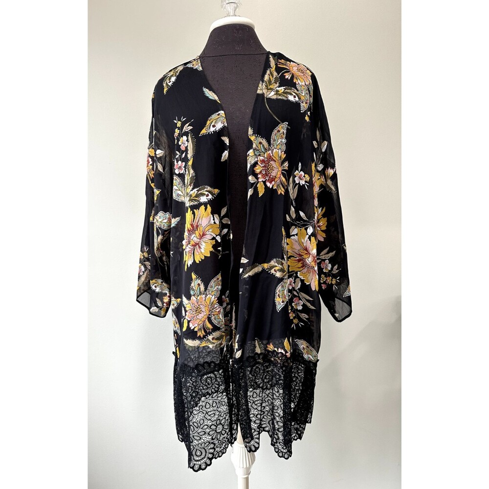 Cato Kimono Open Front Cardigan Women's Black Floral Pattern M Lace Bottom